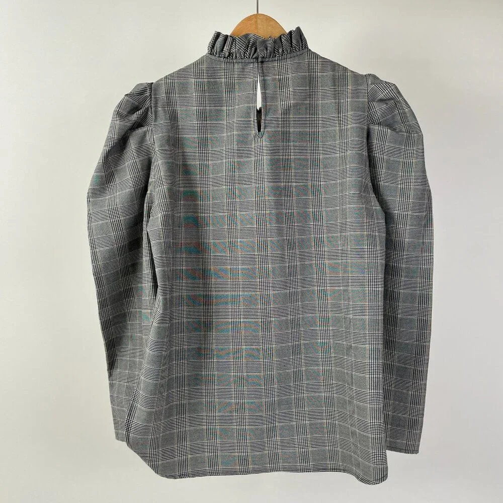 Zara Black/White Glen Check Long Sleeve Top Ruffled Collar Puff Sleeves, Size XS - Picture 5 of 8